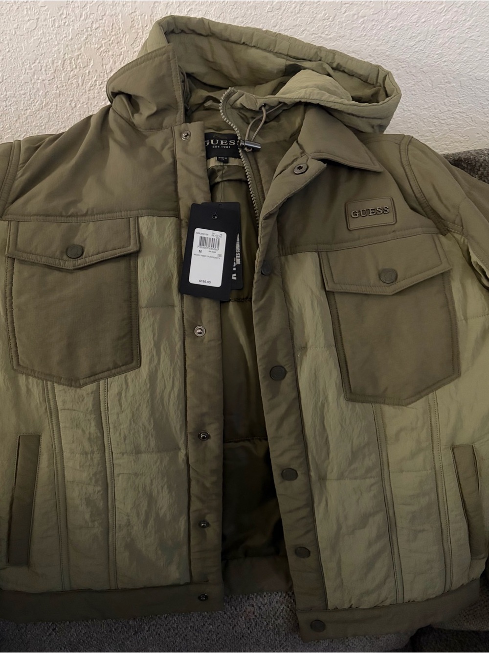 GUESS Men's Olive Hooded Quilted Puffer Jacket